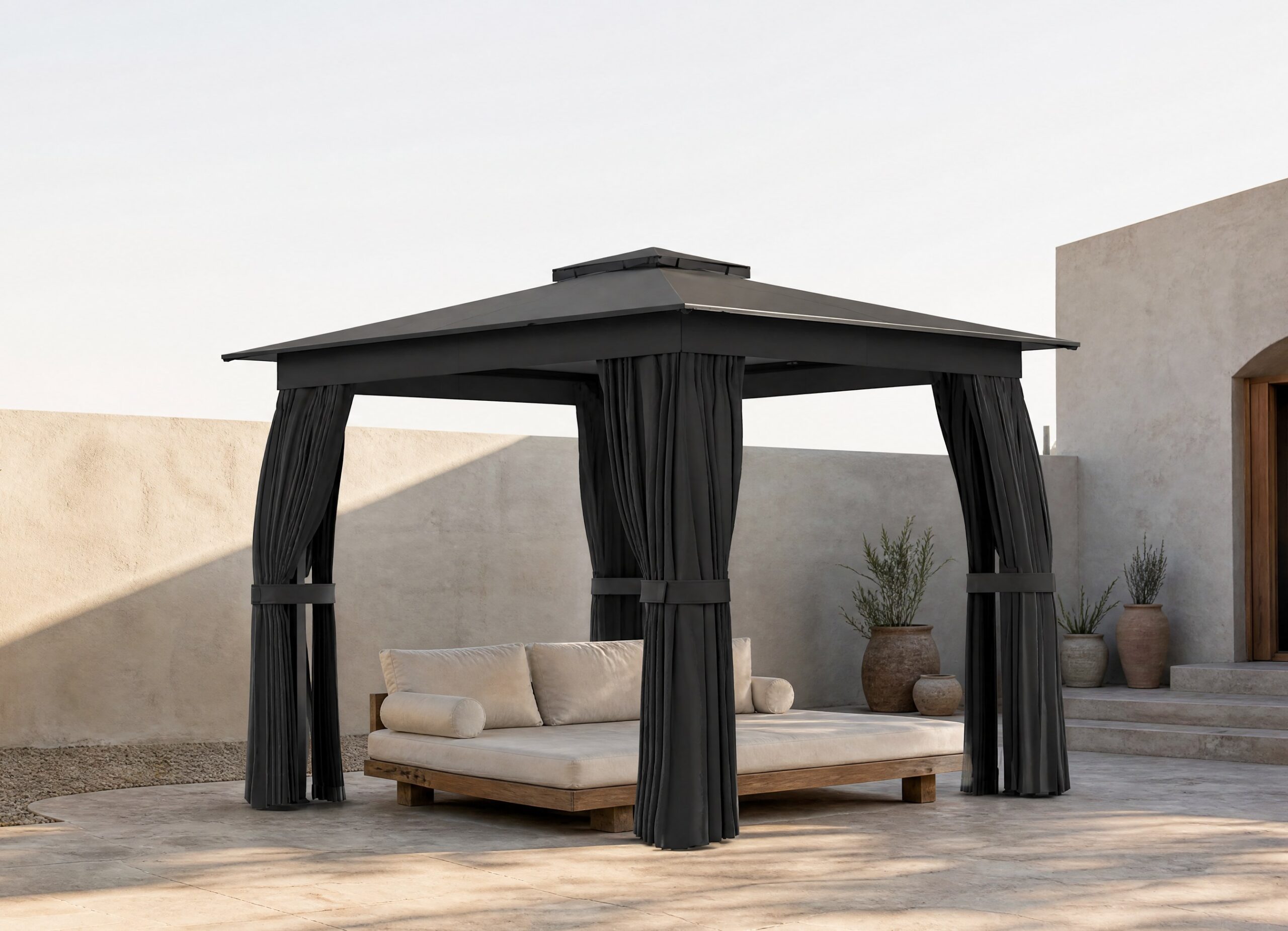 Retreya Pavilion with curtains open over a dining table in afternoon sun