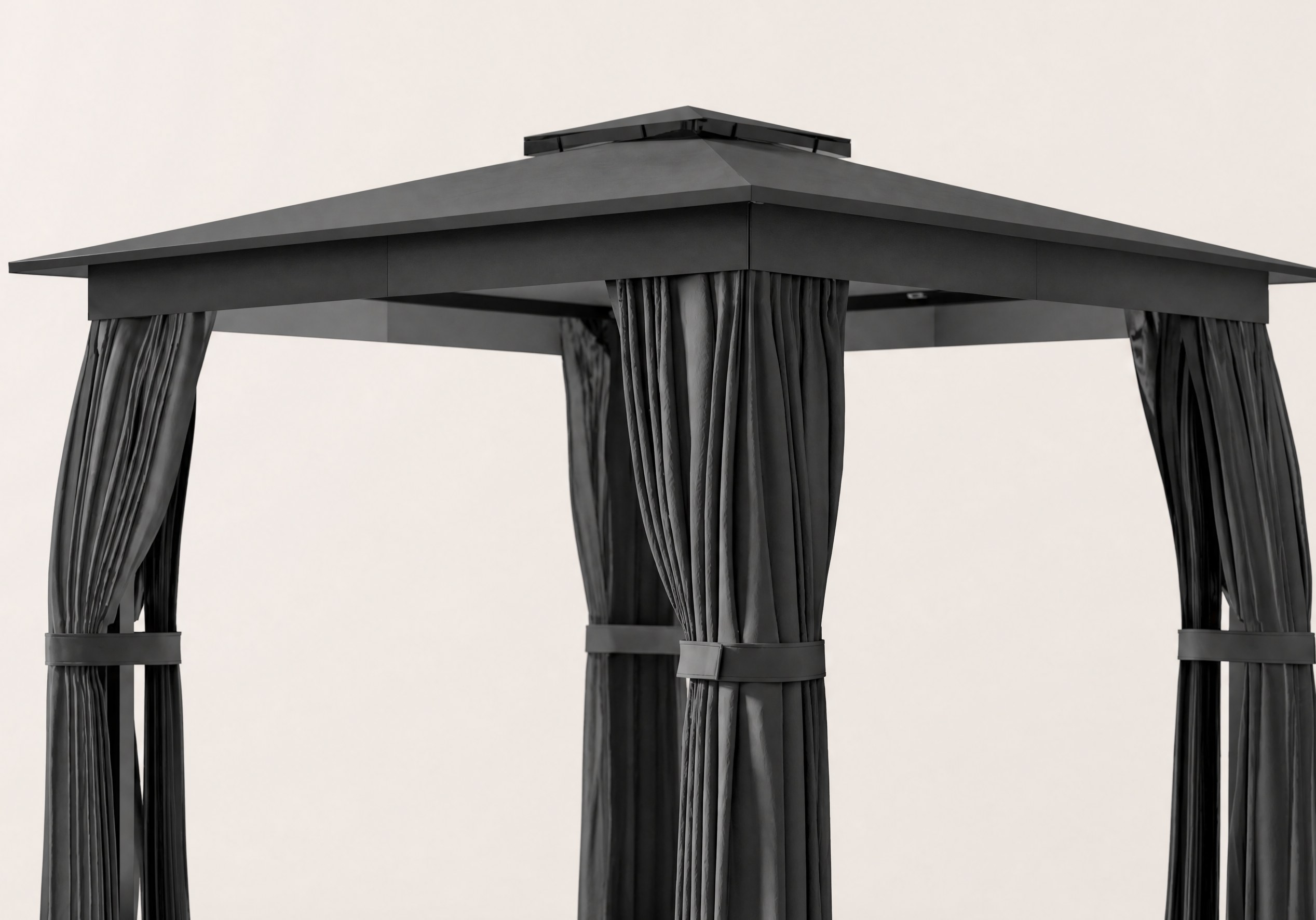 Double-tier vented gazebo roof with a mesh airflow gap between the two tiers